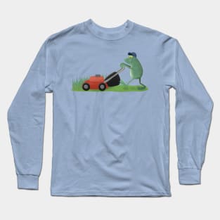 Funny green frog mowing lawn cartoon Long Sleeve T-Shirt